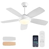 Ayaoty 42 inch White Ceiling Fans with Lights and Remote Control,Dimmable 3-Color Temperatures LED Ceiling Fan, Reversible, Noiseless, White Ceiling Fan for Bedroom, Indoor/Outdoor Use