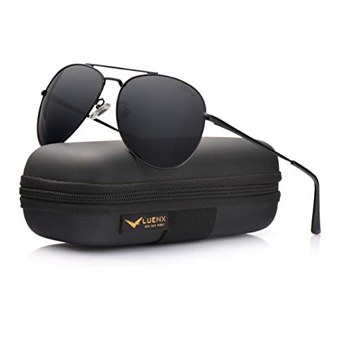 LUENX Aviator Sunglasses Men Women Polarized with Case - UV 400 Non-Mirror Black Lens Metal Black Frame 60mm