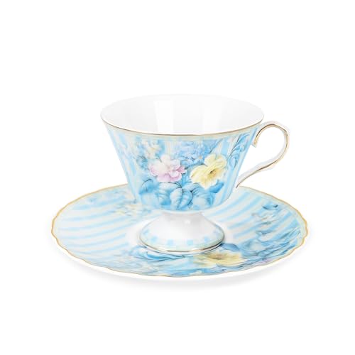 fanquare Set di tazze e piattini in Porcellana d'osso, Tazze da Caffè con fiori d'ortensia blu, Tazza da tè in Porcellana Britannica vintage da 170ml per regali da donna