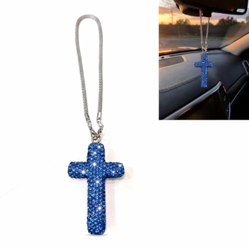 CouTunp Bling Cross Car Hanging Accessories, Crystal Rhinestone Cross for Car Mirror Hanging, Bling Diamond Crosses Rear View Mirror Pendant Charm, Car Hanging Ornament, Auto Interior Accessory(Blue)