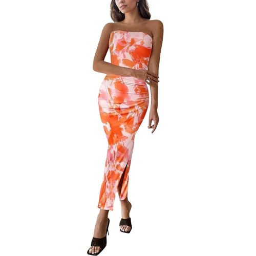 Image of Women's Tube Top Maxi Dresses Printed Tie Dye Strapless Bodycon Long Dress Split Side Sleeveless Party Elegant Outfits