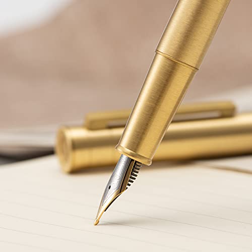 Image of Hongdian 1861 Brass Fountain Pen Long Blade Nib, Classic Design Smooth Writing Pen with Converter and Metal Pen Case Set