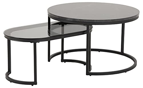 AC Design Furniture Spencer Couchtisch 2er-Set für Wohnzimmer, Glas Marmoroptik, Tisch mit Metallgestell, Kaffetisch, Wohnzimmerset, Satztisch rund, 12.8, Schwarz/Schwarz