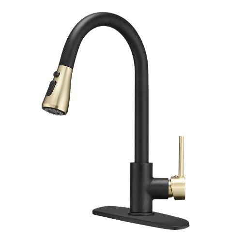 BESy Brass Single Handle Kitchen Faucet with Pull Down Sprayer,Rv High-Arc Kitchen Sink Faucet With Pull Out Sprayer,Single Lever 3 Function Laundry Room Faucet,Black Gold (1 or 3 Hole)
