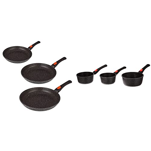 Kamberg 0008019 Manche Amovible, Fonte d'Aluminium, Revêtement type pierre, Tous feux dont induction, Sans PFOA, Poêles 20 / 24 / 28 cm, Lot de 3 & 0008038 - Set 3 Casseroles 16 / 18 / 20 cm