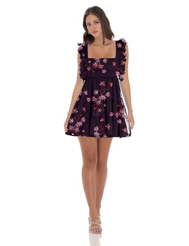 Image of Women's Summer Square Neck Tie Back Ruffle Sleeve Tiered Casual A-Line Short Mini Dress