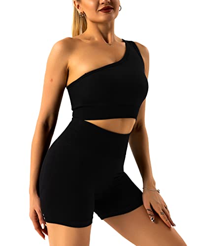 Workout-Sets für Frauen, 2 Stück, Fitnessstudio, Sport-BH, hohe Taille, Shorts, eine Schulter, Yoga-Outfits-Sets, Oneshoulder schwarz, Large Cover