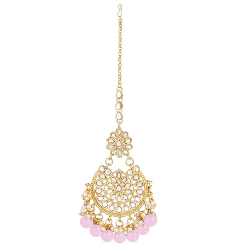 Image of Peora Kundan & Beads Studded Necklace Earrings & Maangtikka Set Ethnic Jewellery for Women & Girls
