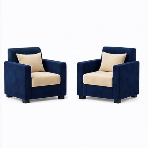 Image of FURNY Lexon 3 Seater + 1 Seater + 1 Seater Fabric Sofa Set (Dark Blue-Cream) with Velvet Finish | Durable Comfort | Ideal for Living Room