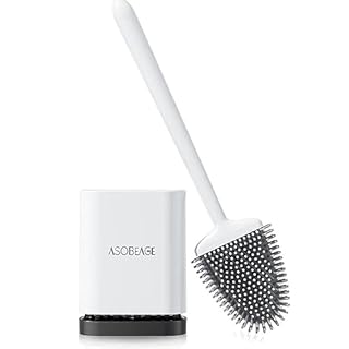 ASOBEAGE Silicone Toilet Brush: Flexible Head, Long Handle, Wall-mounted, Quick-drying Holder for Bathroom Clean (White)