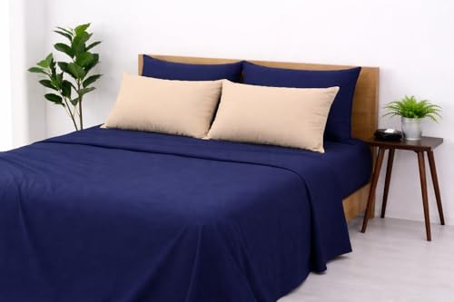 Image of Blue Strip Polycotton Bedsheet, Double 90x100 (Blue & Camel) | Hotel Quality | Soft, Breathable & Colourfast | Wrinkle Resistant | Machine Washable | Pillow Covers Included
