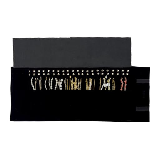 UnionPlus Velvet Travel Jewelry Roll Bag Organizer for Necklace, Elastic Band and Anti-winding, Large, Black - Thumbnail 5