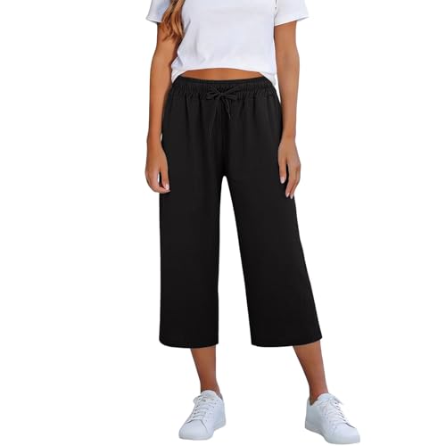 Image of Ladies Linen Cropped Trousers Black Stretch Drawstring Three Quarter Shorts Soft Size 12 Ladies Casual Cotton Wide Leg Yoga Pants Lounge Elasticated Capri Pants Summer Beach Holiday