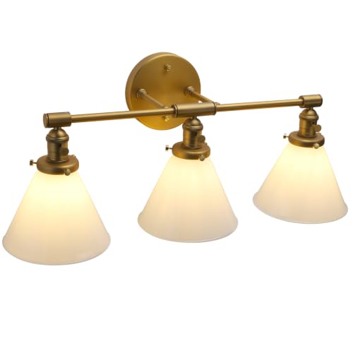 Image of PERMO Vintage Industrial 3 Light Vanity Light with Milk Glass lampshade Modern Brushed Gold Bathroom Wall Sconce Hardwired Wall Mount Light Fixture for Over Mirror Cabinets Hallway Stairs