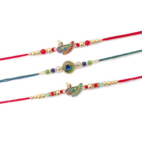 Image of maalpani Stylish Peacock Design Rakhi Set for Brother (Set of 3) | Designer Rakhi for Brother Men Boy Bhaiya, Rakshabandhan Rakhis | Roli Chawal | Raksha Bandhan