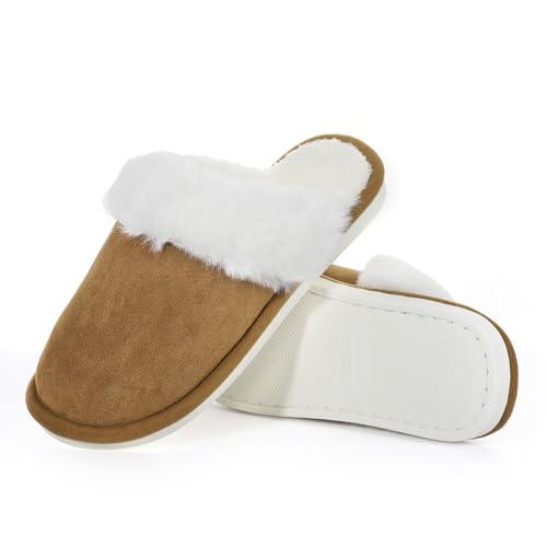 GOKTOW Fuzzy Faux Fur House Slippers for Women Winter Indoor Outdoor Non-Slip Easy Clean Slippers