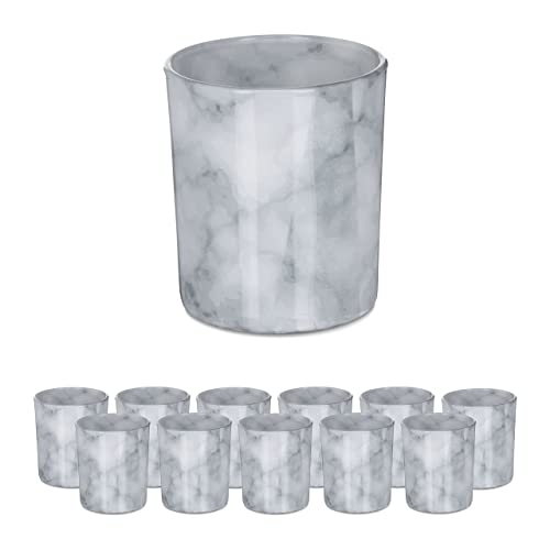 Relaxdays Set 12 Portavelas Vidrio, Efecto Mármol, Vasos Porta Velas Cristal, 8,5 x 7 cm, Decoración Centro Mesa, Gris