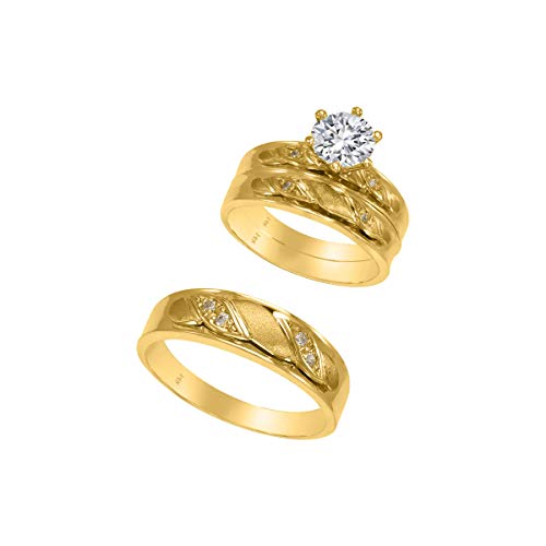 Trio Rings Set 14K Yellow Gold- 3-Piece Wedding Engagement Rings Band For Her And Him - Round Cubic Zirconia Cz For Couple Mens And Women - Anillos De Matrimonio. (Ladies Size 6 – Men’s Size 10) #TOP3