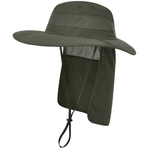 ZEXIAN - ZEXIAN Men&Women Foldable Sun Hat with Packable Neck Flap, UPF50+ Wide Brim Safari Cap for Hiking Gardening and Fishing (CA/US, Alpha, One Size, Army Green)
