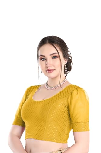 Image of FINESTFIT Stay On Trend Fashion 100% Cotton Readymade Blouses for Women,Round Neckline with Organza Balloon Sleeves.