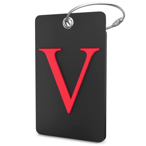 Luggage Tag Initial - Fully Bendable Tag w/Stainless Steel Loop (Black) (Letter V)