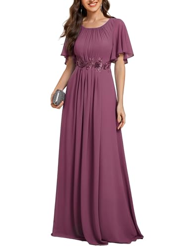 Image of Ever-Pretty Women's Classic Round Neck Pleated Short Sleeves Chiffon Appliques Floor Length A Line Formal Evening Dresses