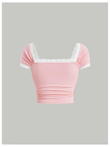 Girl's Lace Puff Short Sleeve Crop Tops Ribbed Knit Bowknot Square Neck T Shirt Cute Tops2