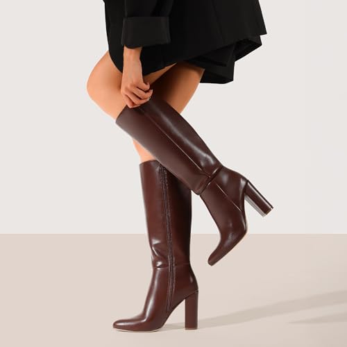 DREAM PAIRS Knee High Boots Women Chunky Heel Pointed Toe Tall Boots for Women Side Zipper Long Boots,Size 8.5,Brown,SDKB2406W