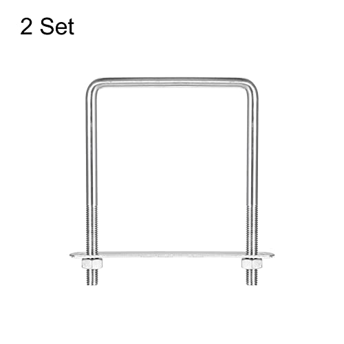 Image of uxcell Square U-Bolts, 2 Sets 92mm(3.62 inch) Inner Width 130mm Length M8 304 Stainless Steel U Clamp Bolt with Nuts and Plates, for Boat Trailer