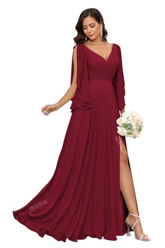Image of HUUTOE Chiffon V Neck Wine Red Bridesmaid Dresses Long with Sleeves A-Line Formal Dress for Women Wedding Guest 2026 M US6