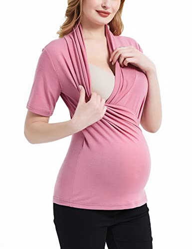 Bhome Maternity T Shirt Short Sleeve Pregnancy Shirt Wrapped Neck Summer Top Blush L #TOP2