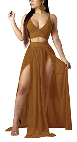 Image of Women Sexy 2 Piece Outfits Dress Chiffon Strap Deep V Neck Bra Crop Top High Split Maxi Dresses Skirt Set