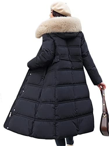 ORANDESIGNE Manteaux Duvet Femme Doudoune Élégant Longue Manteau Hiver Manteau Zippé épais Chaud Parka Blouson avec Capuche Fourrure Grande Taille Duvet en Coton Veste D noir-02 L