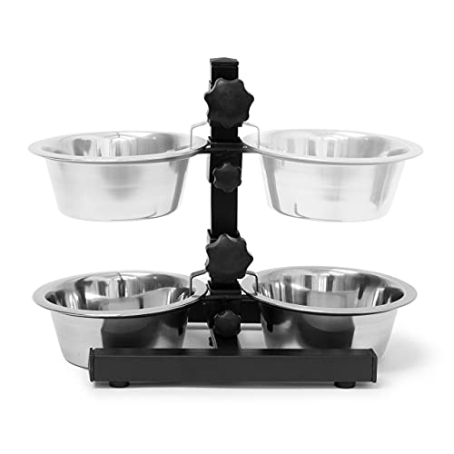 Relaxdays Hundeset M, Hundebox mit Napfhalter Set, Sitzhocker mit Polster, Tierhöhle, Doppelnapf höhenverstellbar, Futterstation