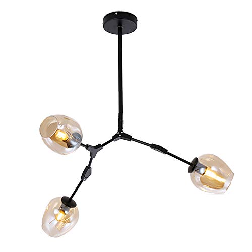 CCSUN Bola De Cristal Sputnik Lámpara De Araña,3-luces Ramas Lámpara De Colgante Rústico,E27 Altura Ajustable Creativo Lámpara De Araña,Negro Mate Soplado A Mano Lámpara De Araña ámbar 3 Luces Cover