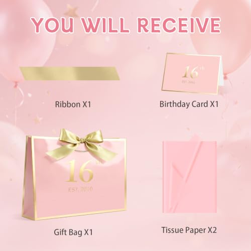 Image of JMANNI Birthday Gift Bag with Card and Tissue Paper for Men Women Him, Elegant Pink Gold Anniversary Keepsake Party Present Shopping Paper Bags for Gifts Wrapping Pink / 13 inch Medium /EST.2010 16th