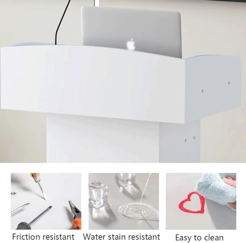 Lekki biały drewniany stojak na podium z przestronnym napisem Der & Open Sto – idealna mównica do prezentacji konferencyjnych i laptopów