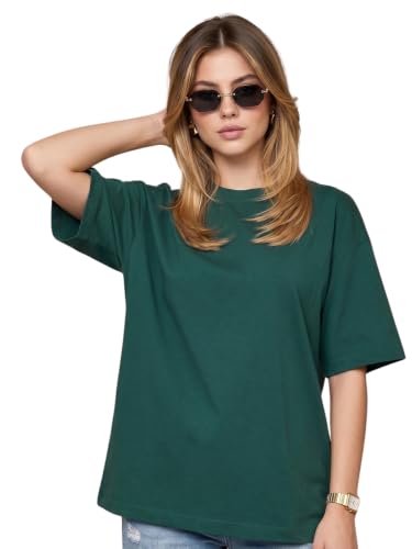 Image of JUNEBERRY Pure Cotton Oversized Baggy Fit Half Sleeve Drop Shoulder Plain Solid Round Neck T-Shirt for Women (Available in Black, White, Lilac, Cork, Maroon, Royal Blue, Swan White, Soap Nut Colors)