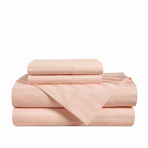 Casa Platino 100% Egyptian Cotton Sheets Twin XL Size Set - 4 Pieces - Damask Stripe- Ultra Smooth Sateen Weave Bed Sheets Set with 15" Deep Pockets - Veiled Rose