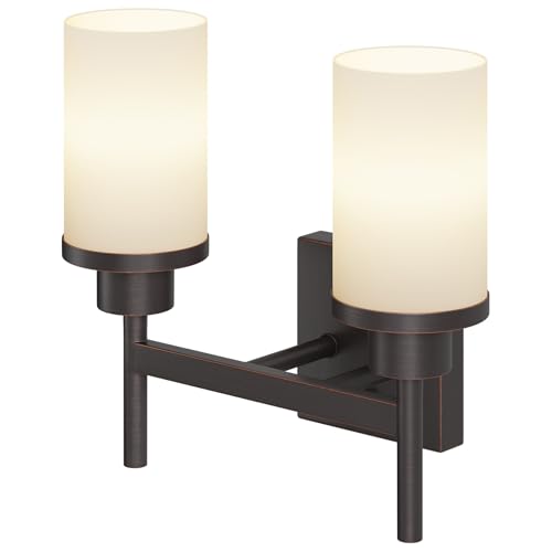 Image of Wall Lights Over Mirror Bathroom Vanity Light Fixtures with White Frosted Glass, Double Wall Sconces for Hallway Entrance, Oil Rubbed Bronze T001ORB-L2