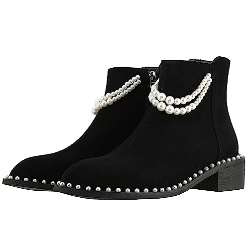 Kluolandi Pearl Embellished Ankle Boots for Women Chunky Low Heel Side Zipper Ankle Bootie Black Leather Boots3