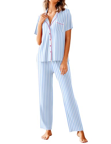 Avidlove Women Pajamas Set Notch Collar Soft Sleepwear Pjs Short Sleeve Button Down Nightwear with Long Pants Blue Stripe M
