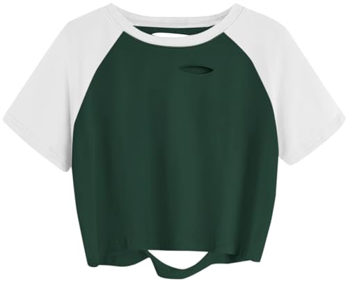 Image of Avanova Women Raglan Shirt Ripped Distressed Crop Tops Short Sleeve Cropped T Shirts Summer Tee