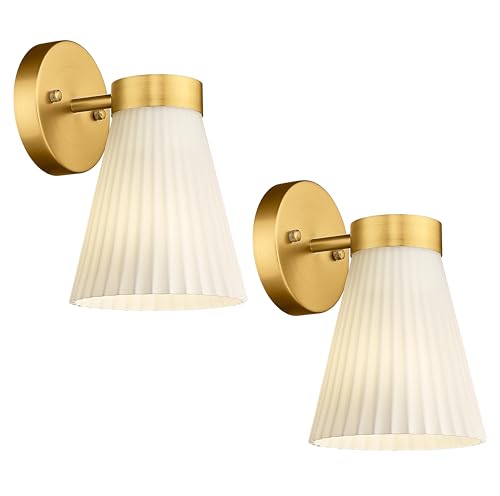 Image of Gold Wall Sconces Set of Two, HWH Modern Bathroom Vanity Sconce Wall Lighting Indoor Wall Lamp with Frosted White Striped Glass, 5HZG97B-2PK BG