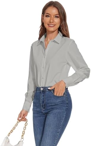 SPRING SEAON Camicetta da donna a maniche lunghe, con bottoni, in chiffon, con scollo a V, vestibilità larga, plissettata, per ufficio, casual, lavoro, rosa, XS