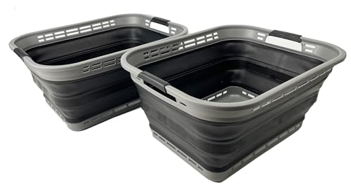 SAMMART 42L (11 Gallons) Collapsible Plastic Laundry Basket - Foldable Pop Up Storage Container/Organizer - Portable Washing Tub - Space Saving Hamper/Basket [BPA Free] (Grey/Black (Set of 2))