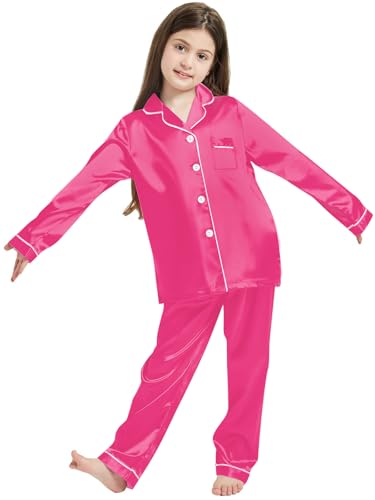 Image of Schbbbta Girls & Women Satin Pajamas Set, 2Piece Silk Nightwear Button-Down Sleepwear for Teen Kids, 3 Years - Women XXL