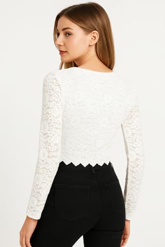 Image of ICW Women Long-Sleeves Round Neck Mesh Floral Flocking Crop Top T-Shirt DN8866