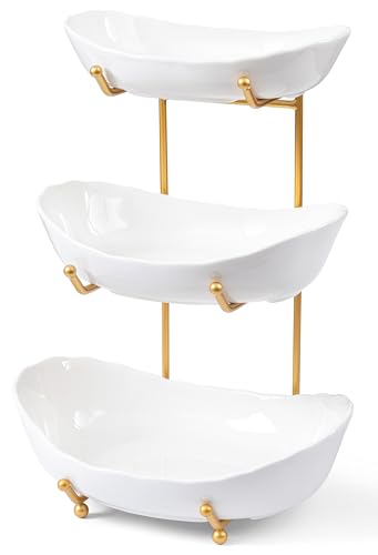 HBlife 3 Tier Fruit Basket for Counter, Ceramic Fruit Bowl with Metal Stand, Fruit Holder for Party, Wedding, Vegetable, Snack, White Bowl Gold Rack
