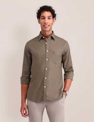 Image of U.S. POLO ASSN. Solid Tailored Fit Shirt for Men - 100% Cotton, Breathable & Comfortable, Full Sleeves Casual Shirt for Men